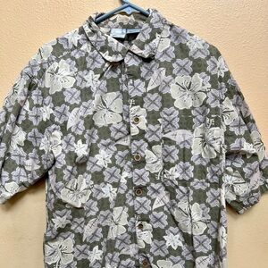 OP Short-Sleeve Button Shirt, Greens with Flowers